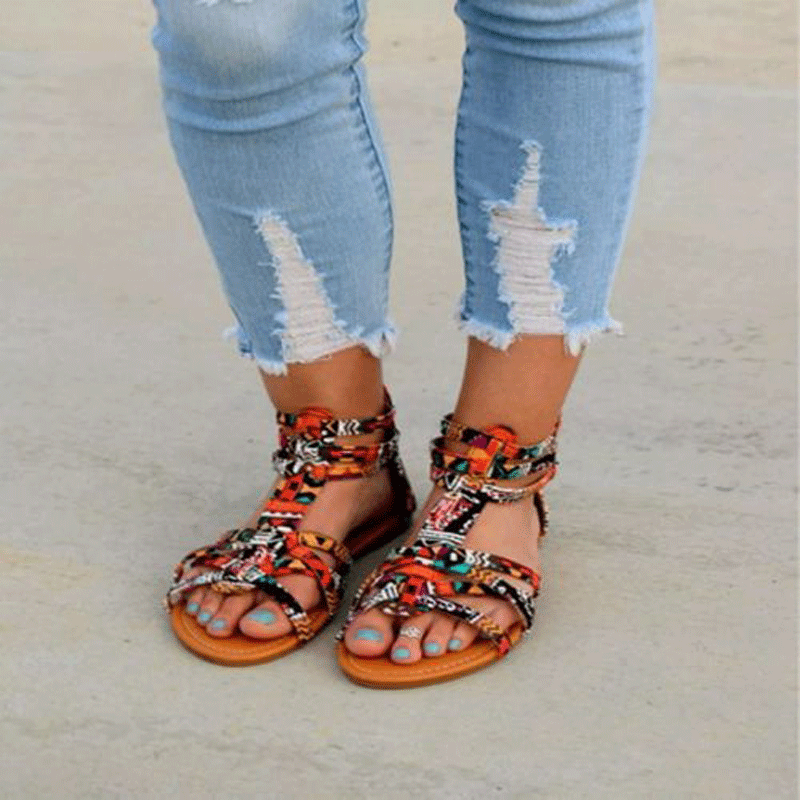 Damen Riemchen-Sandalen mit buntem GewR&Bemuster und rutschfester Sohle R&B