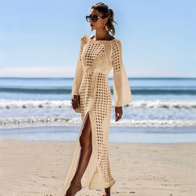 Damen Häkel-Strandkleid mit tiefem V-Ausschnitt und voluminösen Ärmeln R&B