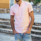 Herren Kurzarm Henley-Hemd aus luftiger Baumwolle mit modernem Stehkragen R&B