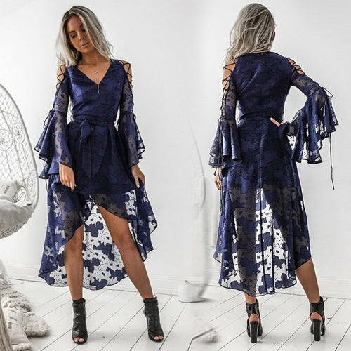 Damen Midi-Kleid mit transparenten Ärmeln und dekorativem Gürtel R&B