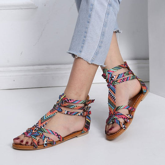 Damen nan Boho-Riemchensandale mit geflochtenen Textilriemen und knöchelhoher Wickelführung R&B