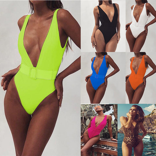 Damen Einteiliger Badeanzug mit glamourösem V-Ausschnitt und stylischer Gürteldetail R&B