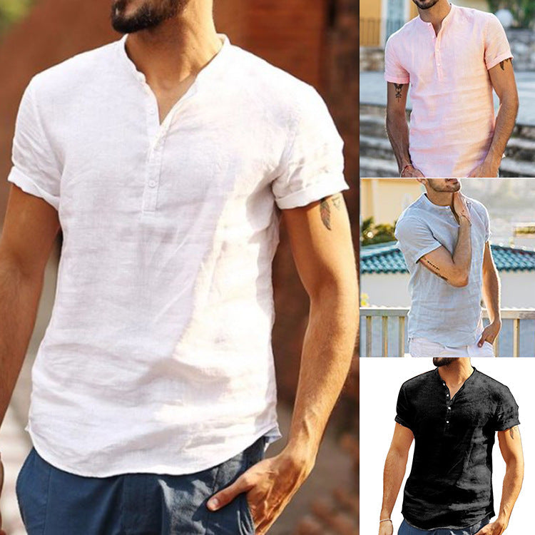 Herren Kurzarm Henley-Hemd aus luftiger Baumwolle mit modernem Stehkragen R&B