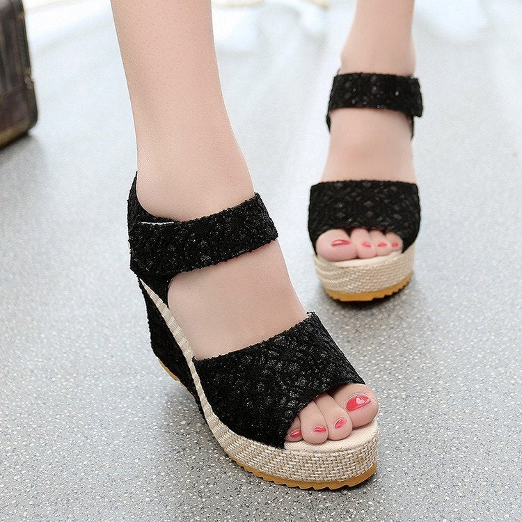 Damen nan sommerliche Keilabsatz Sandalen mit Bastsohle und verstellbarem Klettverschluss R&B