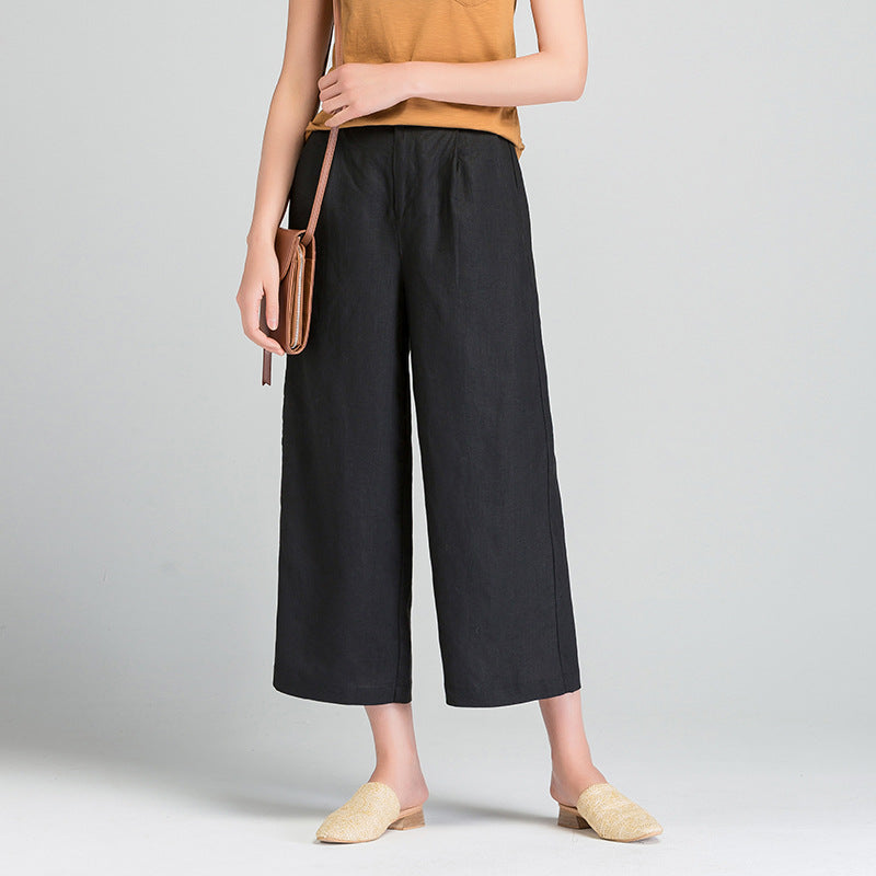 Damen Weite Leinen Stoffhose mit Gummibund und Taschen