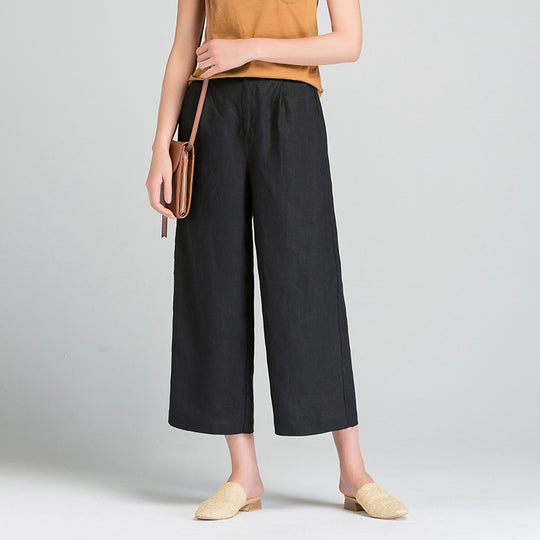 Damen Weite Leinen Stoffhose mit Gummibund und Taschen
