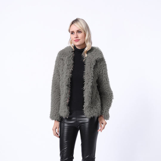 Damen Modischer Kunstpelzjacke mit elegantem Kragen und seitlichen Taschen R&B