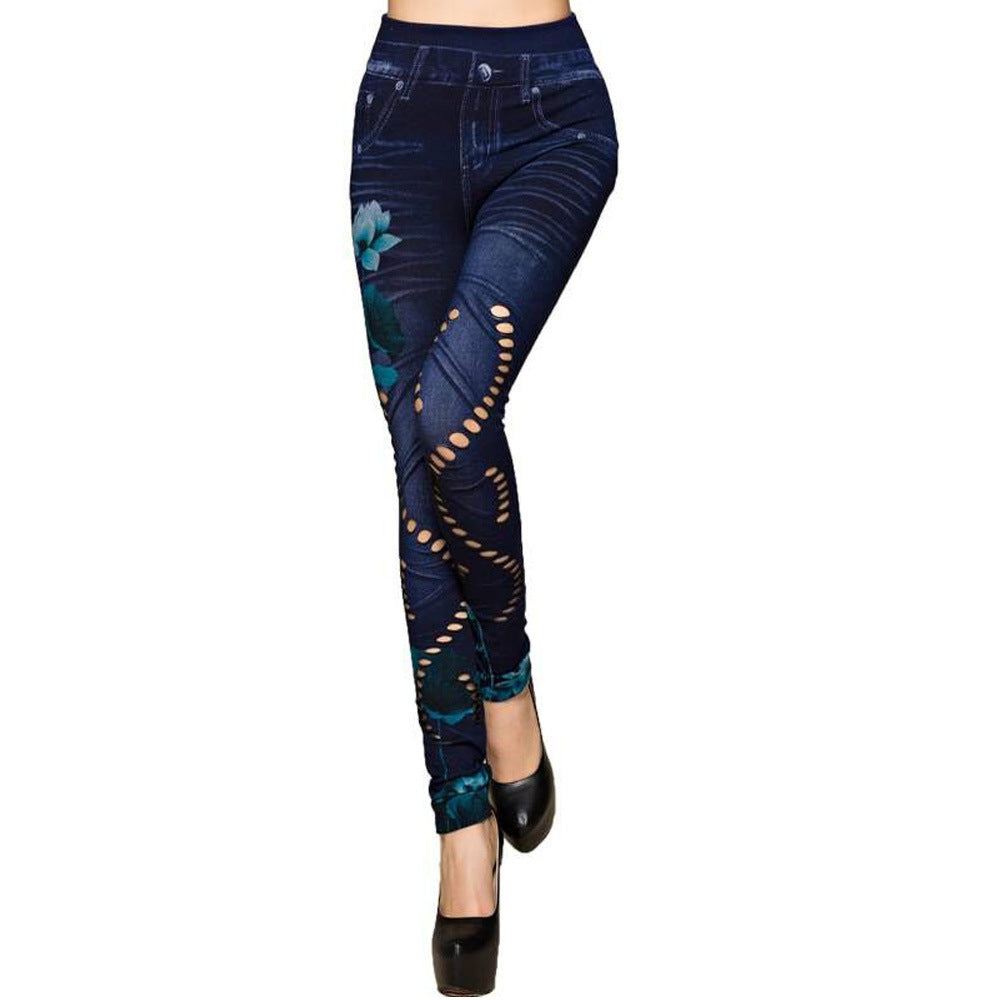 Damen Leggings im floralen Denim-Look mit-hohem Bund und figurformendem Schnitt R&B