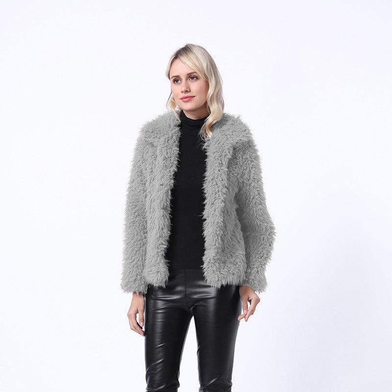 Damen Modischer Kunstpelzjacke mit elegantem Kragen und seitlichen Taschen R&B