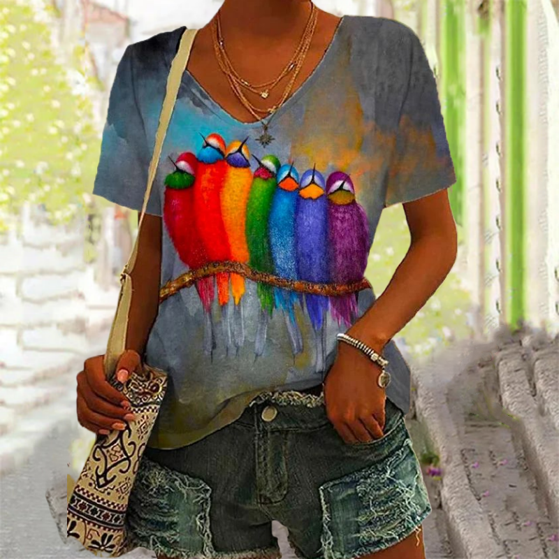 R&B | Bunte T-Shirt mit Abstraktem Vogel