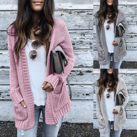Damen Strickjacke mit tiefem V-Ausschnitt und praktischen Taschen R&B