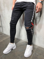 Herren modische Ripped Jeans mit kontrastierenden seitlichen Streifen und detailverliR&Bten Designelementen R&B