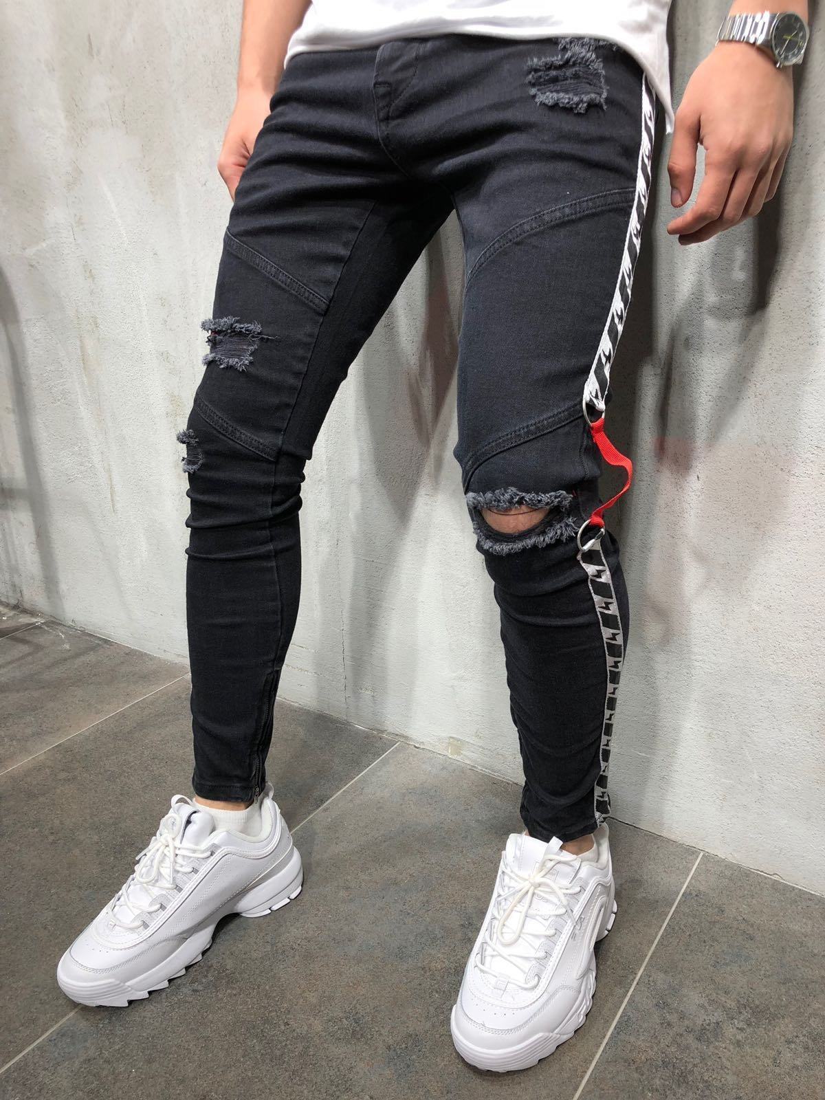 Herren modische Ripped Jeans mit kontrastierenden seitlichen Streifen und detailverliR&Bten Designelementen R&B