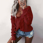 Damen Strickpullover mit offener Schulter und Zopfdesign
