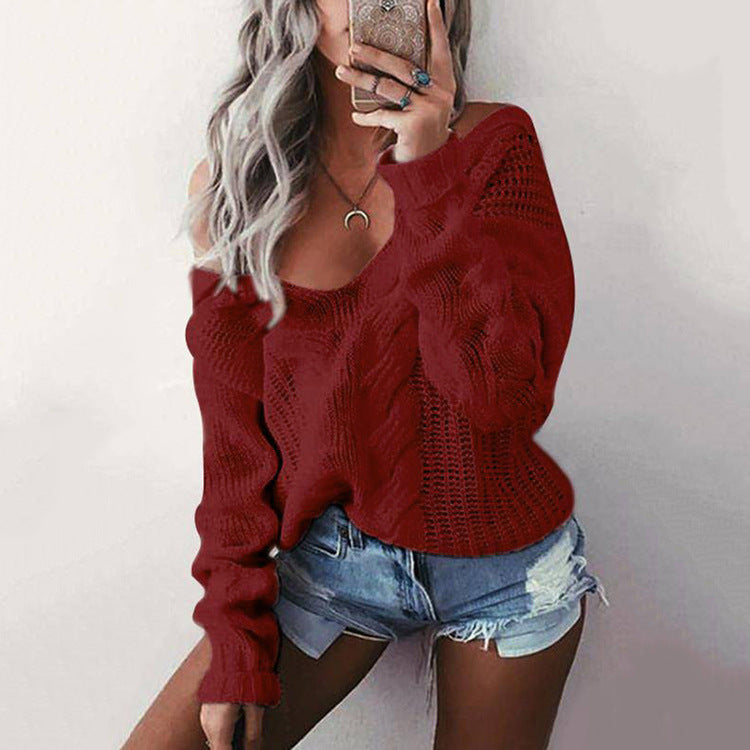 Damen Strickpullover mit offener Schulter und Zopfdesign