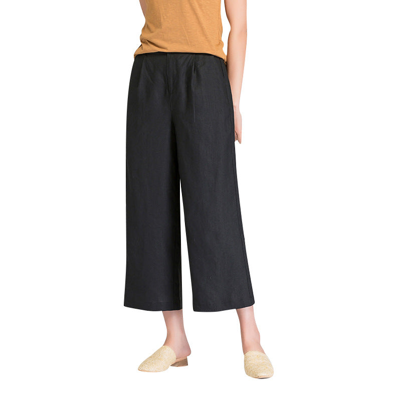 Damen Weite Leinen Stoffhose mit Gummibund und Taschen