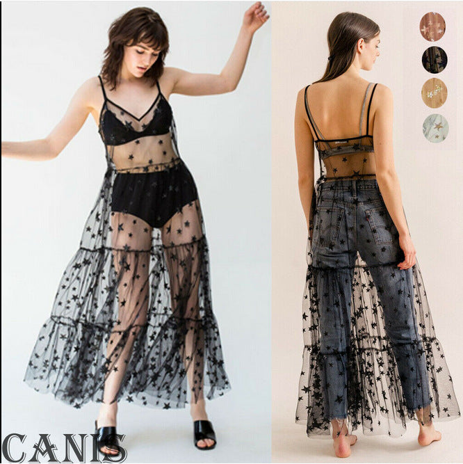 Damen Transparente Maxikleid aus Chiffon mit Sternen-Design und mehrlagigem Saum R&B