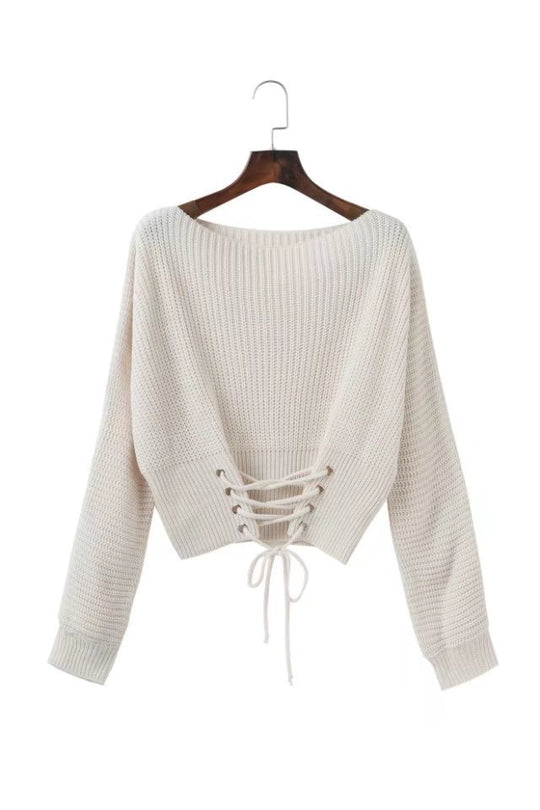 Damen cropped Pullover mit Schnürung und weitem Schnitt R&B