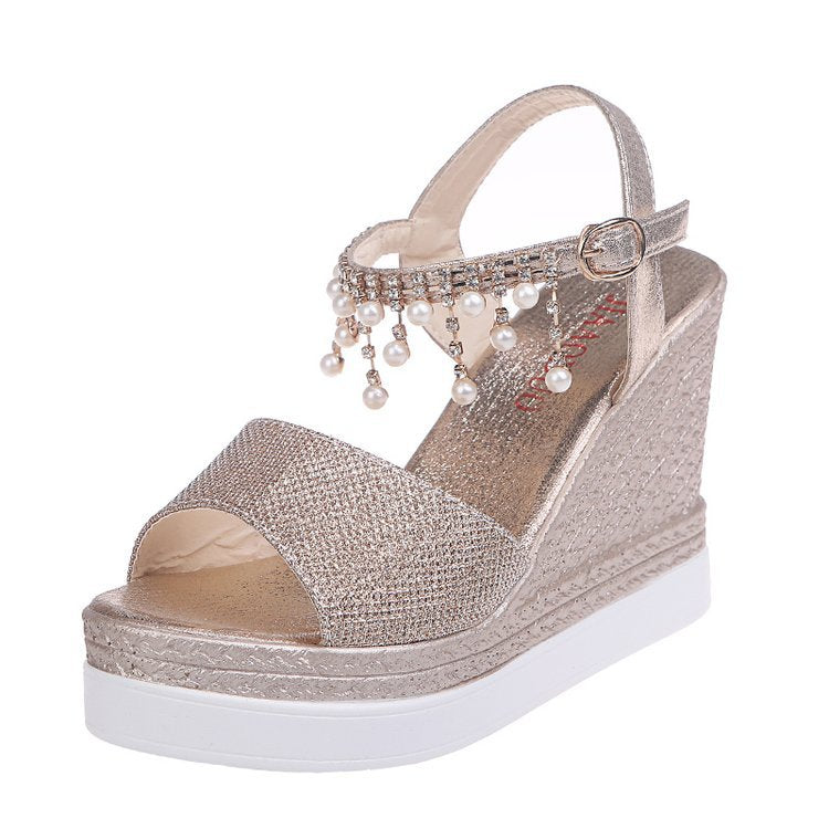 Damen nan glitzernde Keilsandalette mit Perlenfransen und verstellbarem Knöchelriemen R&B