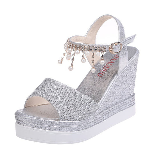 Damen nan glitzernde Keilsandalette mit Perlenfransen und verstellbarem Knöchelriemen R&B