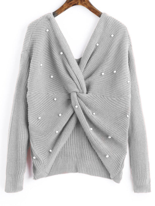 Damen Strickpullover mit Twist-Detail und Perlenbesatz R&B