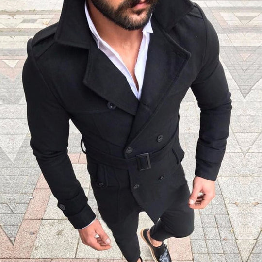 Herren eleganter Trenchcoat mit modischem Gürtel und doppelter Knopfleiste R&B