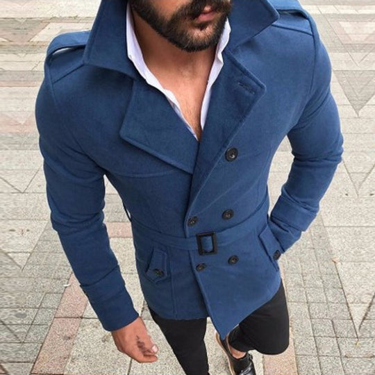 Herren eleganter Trenchcoat mit modischem Gürtel und doppelter Knopfleiste R&B