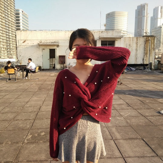 Damen Strickpullover mit asymmetrischem Rückendesign und perlenverzierten Elementen R&B