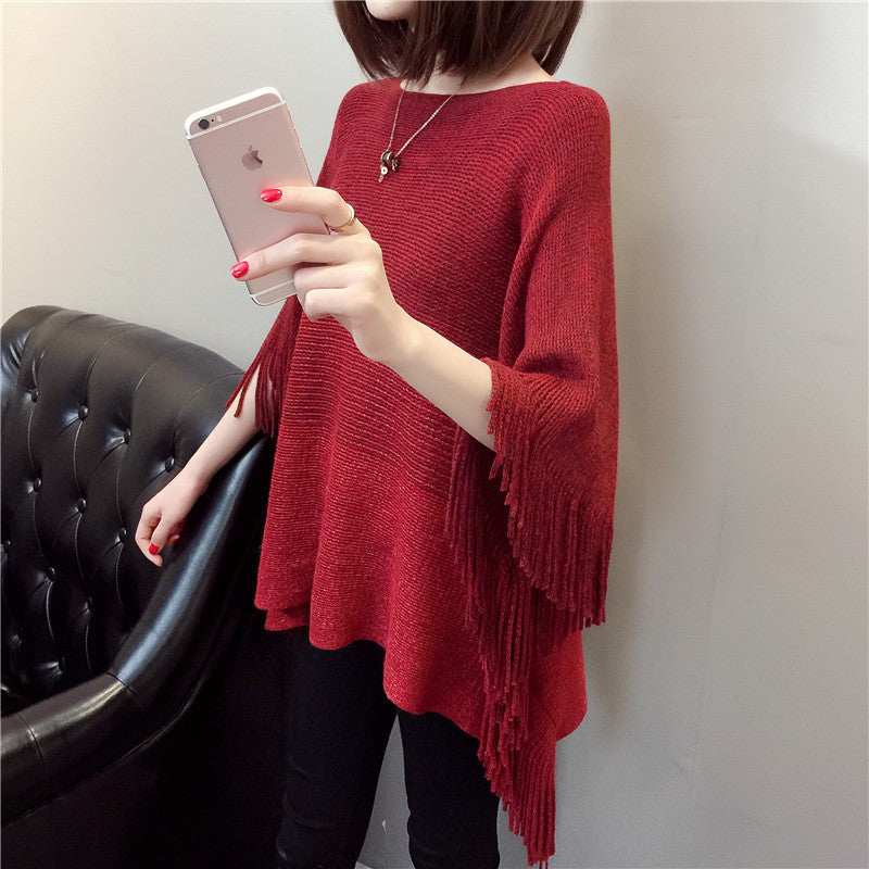 Damen Strickponcho mit Fransen und modischem Farbverlauf R&B