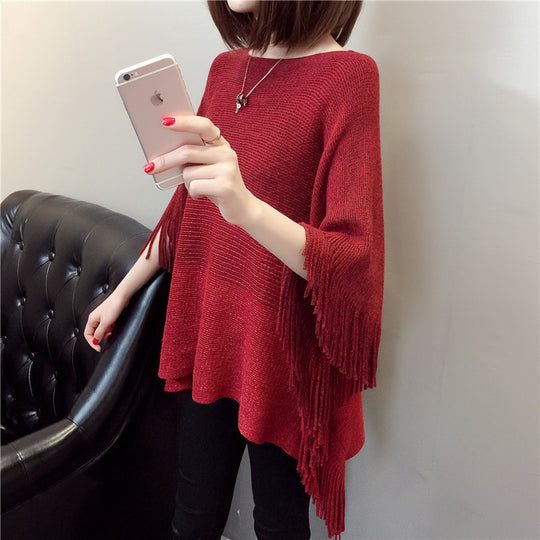 Damen Strickponcho mit Fransen und modischem Farbverlauf R&B