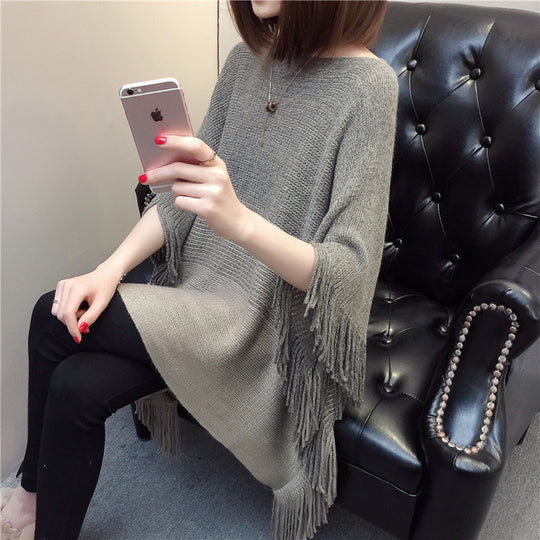 Damen Strickponcho mit Fransen und modischem Farbverlauf R&B