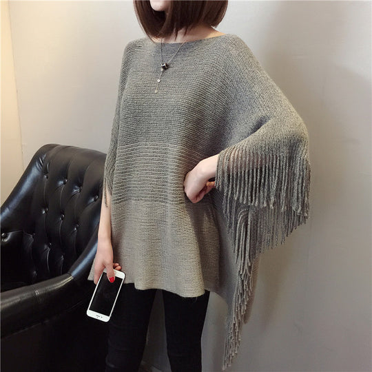 Damen Strickponcho mit Fransen und modischem Farbverlauf R&B