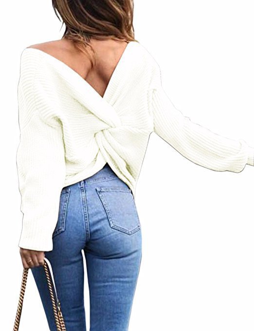 Damen lässiger Strickpullover mit tiefem Rückendetail und übergroßem Schnitt R&B
