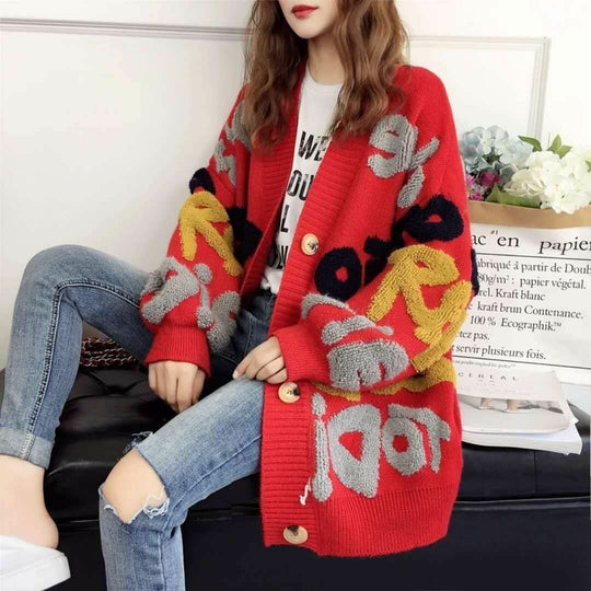 Damen Grobstrick-Cardigan mit bunten grafischen Mustern und komfortablen Knopfdetails R&B