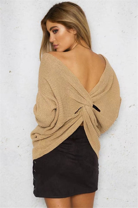 Damen lässiger Strickpullover mit tiefem Rückendetail und übergroßem Schnitt R&B