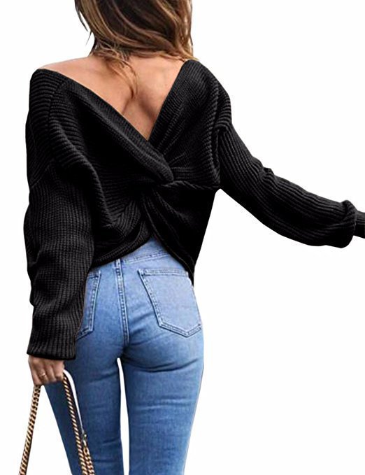 Damen lässiger Strickpullover mit tiefem Rückendetail und übergroßem Schnitt R&B