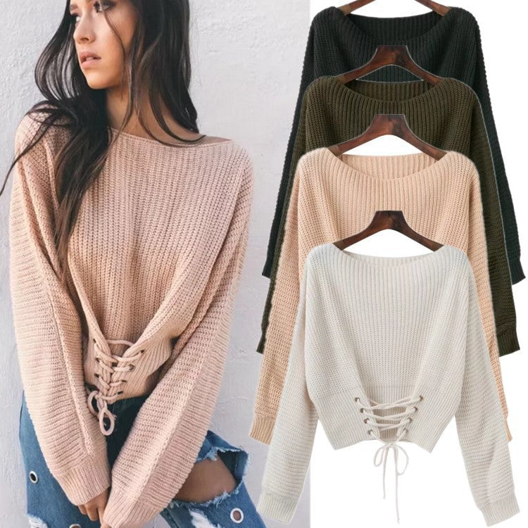 Damen cropped Pullover mit Schnürung und weitem Schnitt