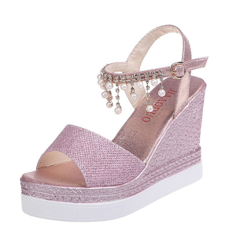 Damen nan glitzernde Keilsandalette mit Perlenfransen und verstellbarem Knöchelriemen R&B