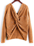 Damen Strickpullover mit asymmetrischem Rückendesign und perlenverzierten Elementen