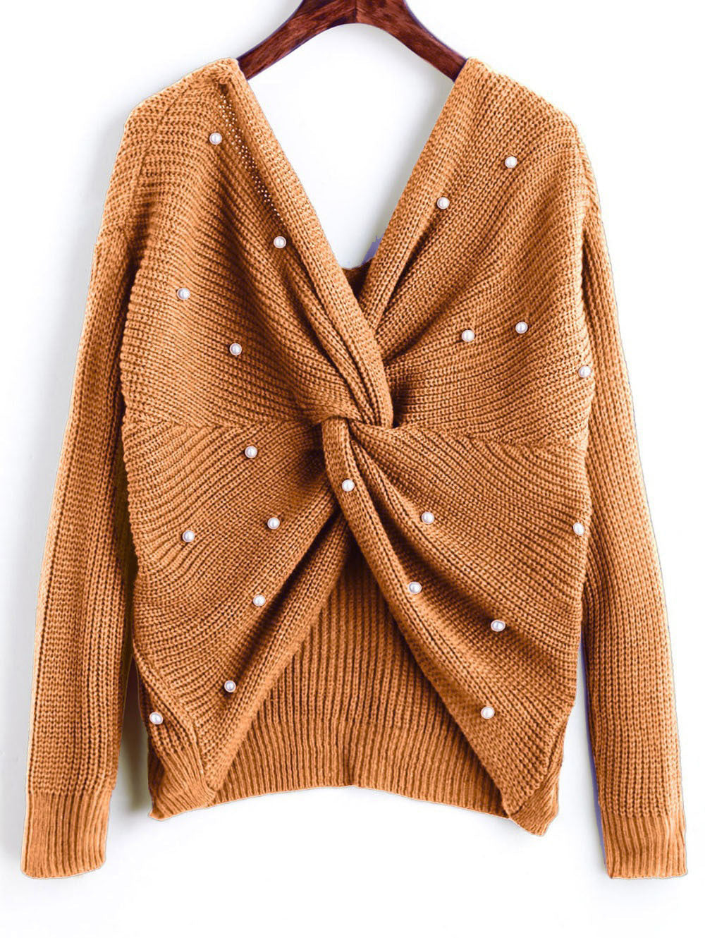 Damen Strickpullover mit asymmetrischem Rückendesign und perlenverzierten Elementen