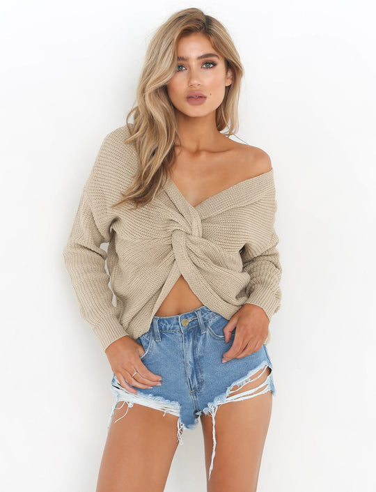 Damen lässiger Strickpullover mit tiefem Rückendetail und übergroßem Schnitt R&B