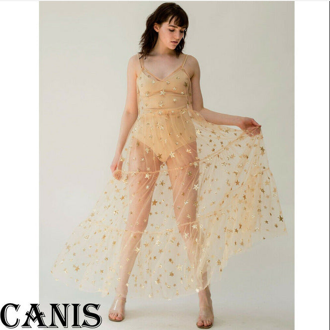 Damen Transparente Maxikleid aus Chiffon mit Sternen-Design und mehrlagigem Saum R&B