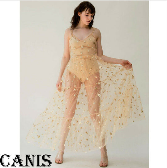 Damen Transparente Maxikleid aus Chiffon mit Sternen-Design und mehrlagigem Saum R&B