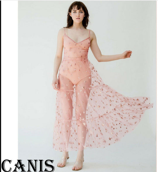 Damen Transparente Maxikleid aus Chiffon mit Sternen-Design und mehrlagigem Saum R&B