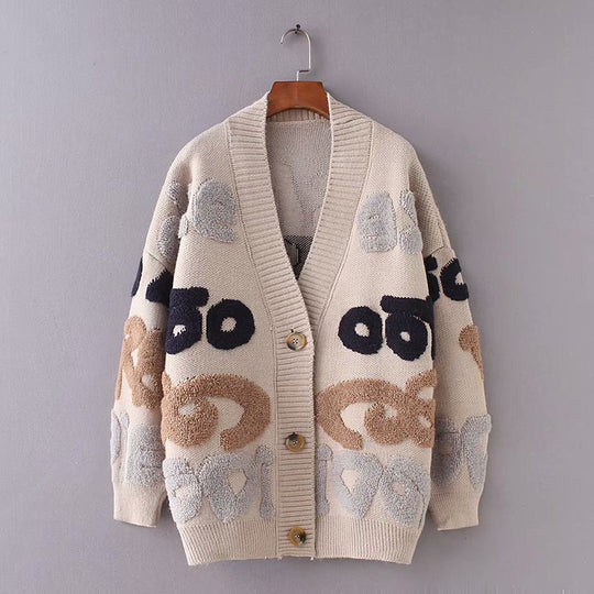 Damen Strickjacke mit buntem Design und großen Knöpfen R&B