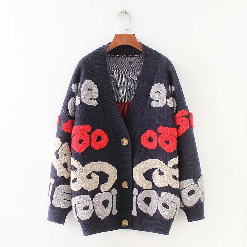Damen Strickjacke mit buntem Design und großen Knöpfen R&B