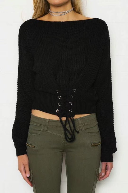 Damen cropped Pullover mit Schnürung und weitem Schnitt R&B