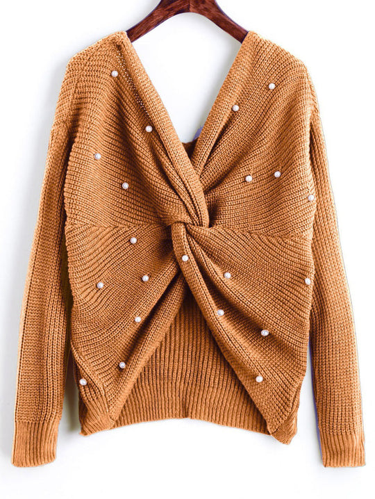 Damen Strickpullover mit Twist-Detail und Perlenbesatz R&B