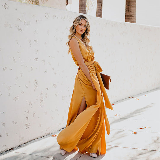 Damen Elegantes Maxikleid mit fließendem Rock und schlichter Silhouette R&B
