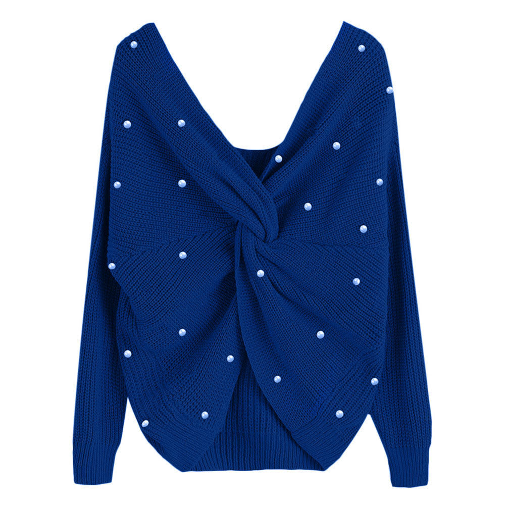 Damen Strickpullover mit asymmetrischem Rückendesign und perlenverzierten Elementen R&B